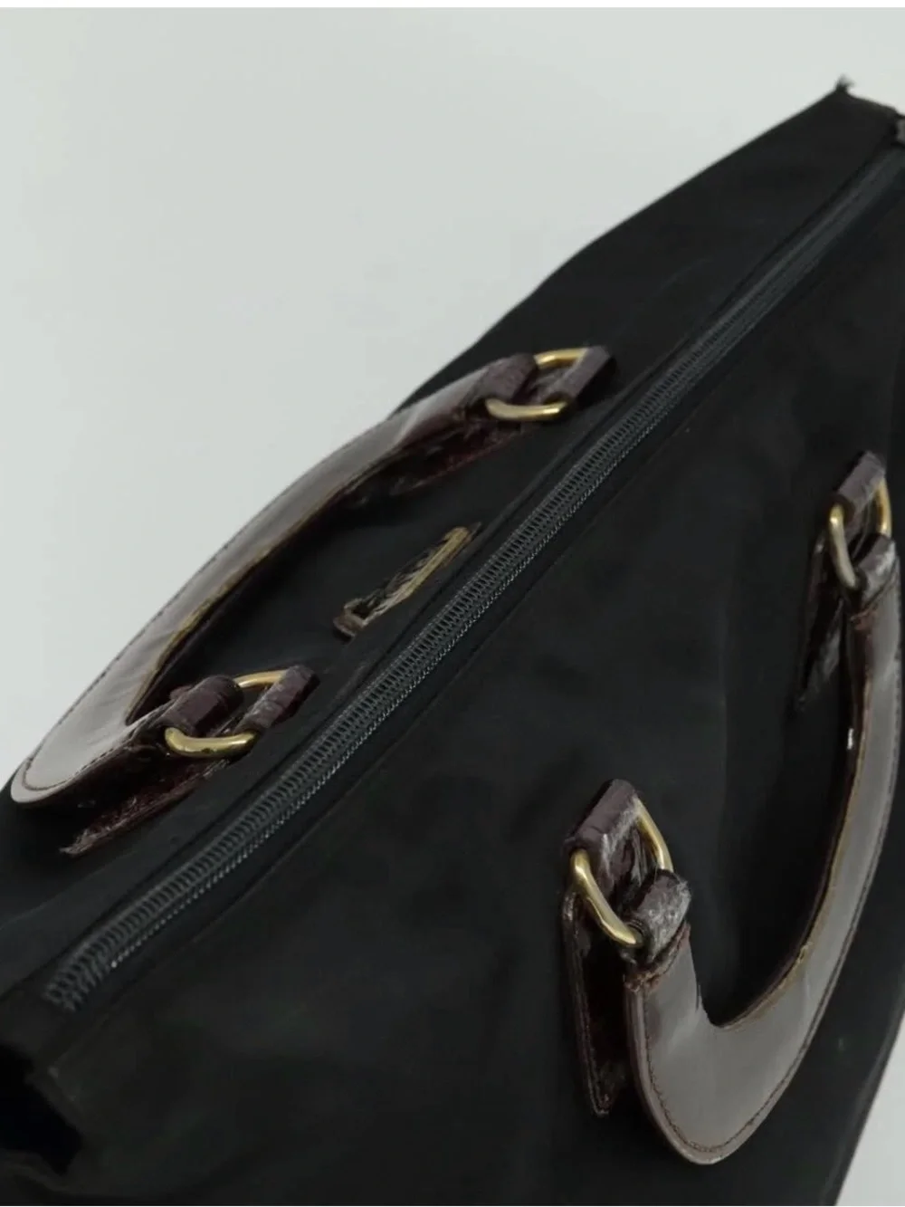 👜 PRADA Nylon Black Brown handbag Authentic Zip Fall Winter